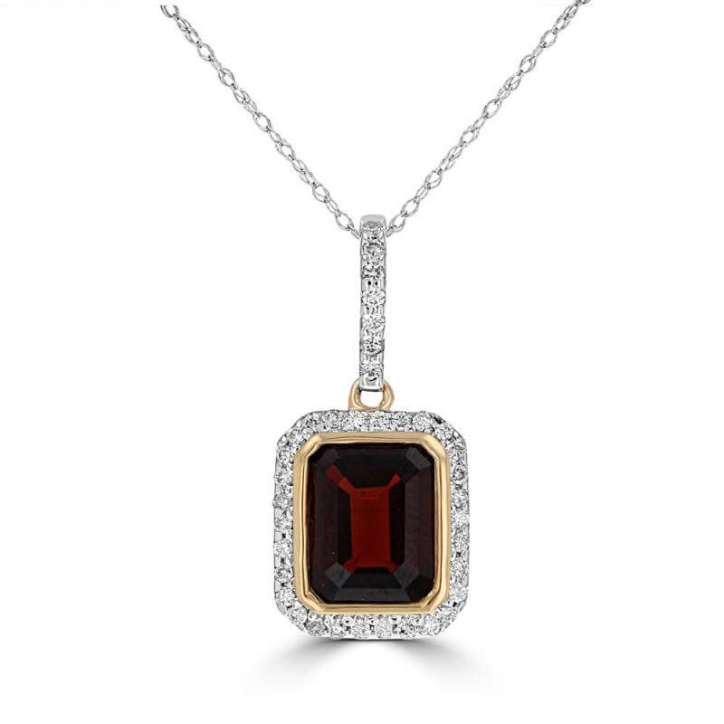 JCX392311: EMERALD CUT GARNET SURROUNDED BY PAVE DIAMOND PENDANT (CHAIN NOT INCLUDED)