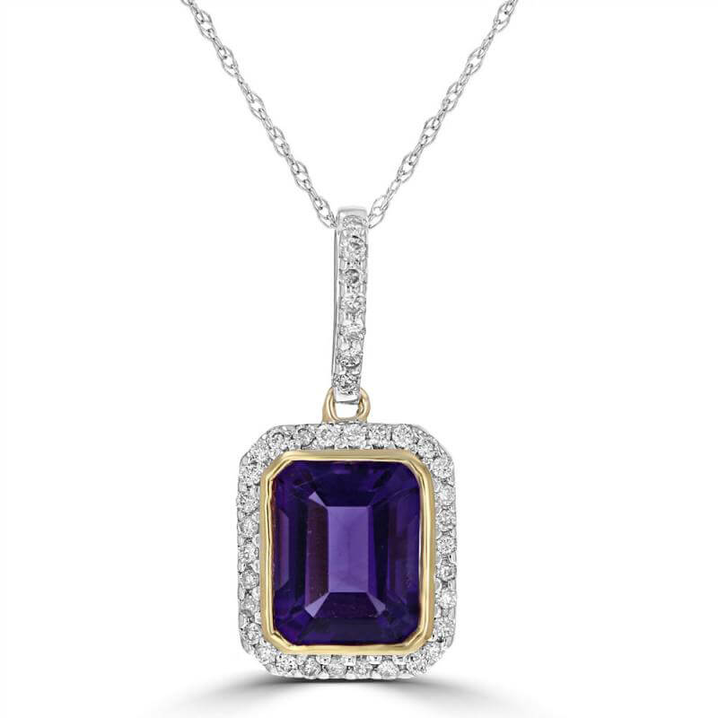JCX392312: EMERALD CUT AMETHYST SURROUNDED BY PAVE DIAMOND PENDANT (CHAIN NOT INCLUDED)