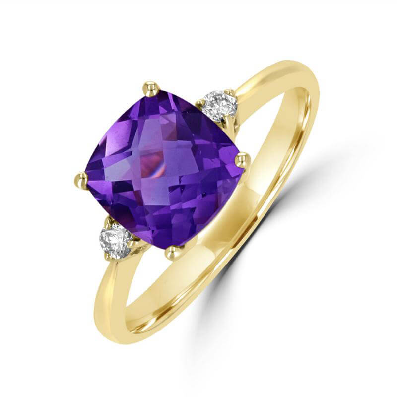 JCX392315: 8MM CUSHION AMETHYST AND ONE ROUND DIAMOND ON EACH SIDE RING