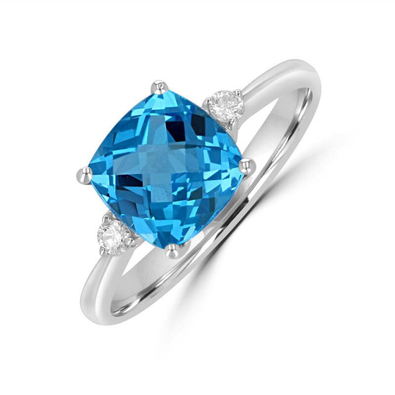 JCX392317: 8MM CUSHION BLUE TOPAZ AND ONE ROUND DIAMOND ON EACH SIDE RING