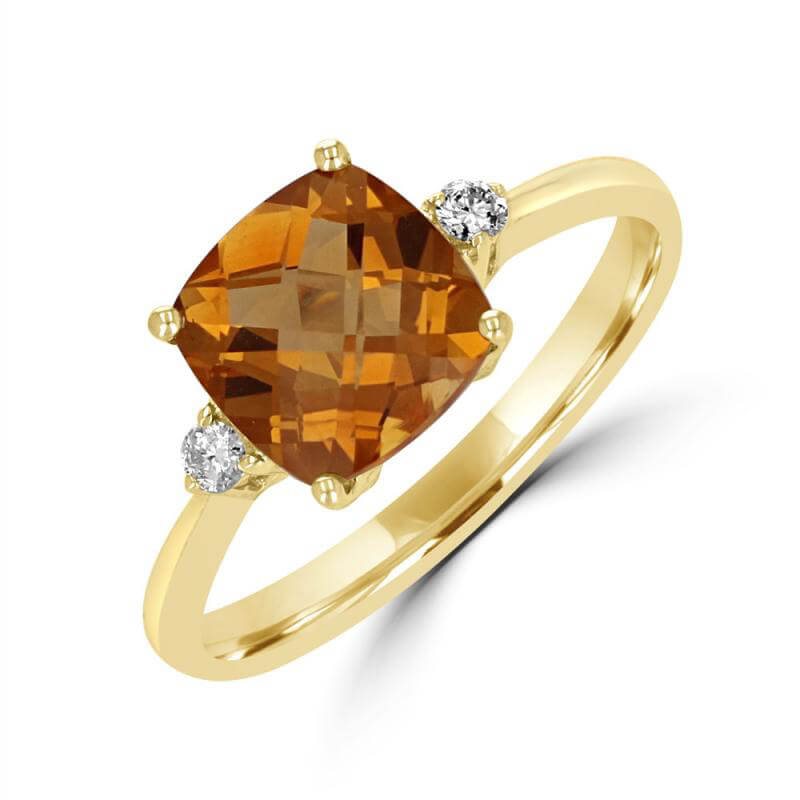 JCX392326: 8MM CUSHION CHECKERED CITRINE AND ONE ROUND DIAMOND ON EACH SIDE RING