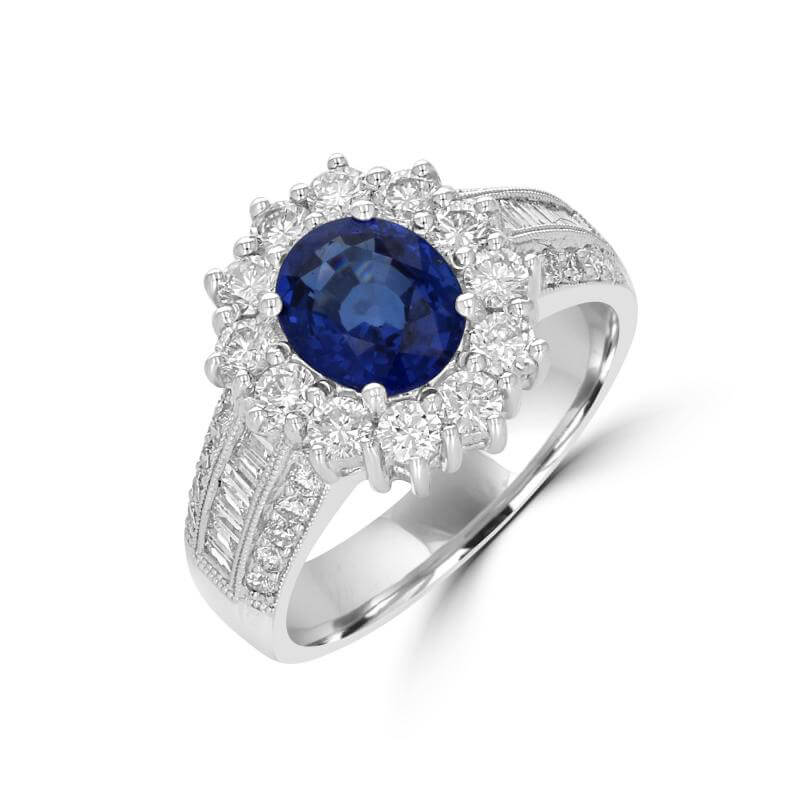 JCX392385: OVAL SAPPHIRE HALO WITH ROUND AND BAGUETTE DIAMONDS ON SHANK RING