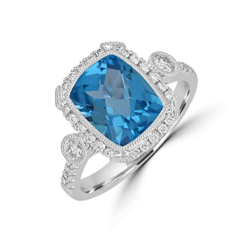 JCX392392: RECTANGLE CHECKERED BLUE TOPAZ HALO WITH ONE DIAMOND ON EACH SIDE AND DIAMONDS ON SHANK RING