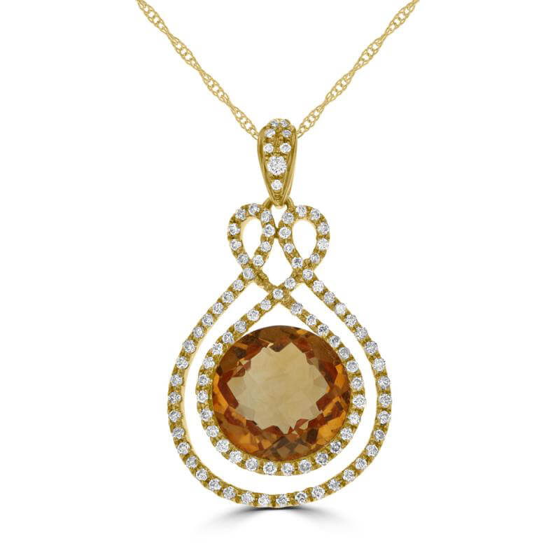 JCX392397: 10MM ROUND CHECKERED CITRINE SURROUNDED BY DIAMONDS PENDANT (CHAIN NOT INCLUDED)