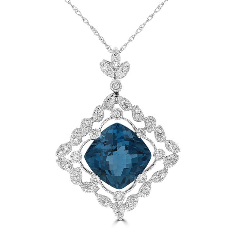 JCX392400: 10MM CUSHION CHECKERED BLUE TOPAZ SURROUNDED BY DIAMONDS PENDANT (CHAIN NOT INCLUDED)
