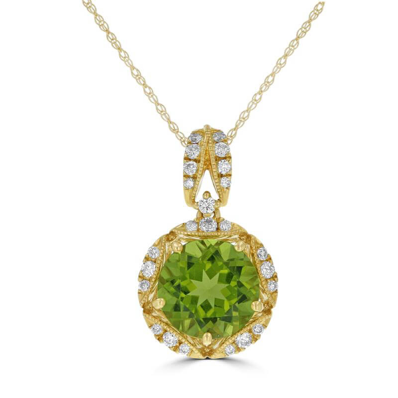 JCX392402: 9MM ROUND PERIDOT SURROUNDED BY DIAMONDS PENDANT (CHAIN NOT INCLUDED)