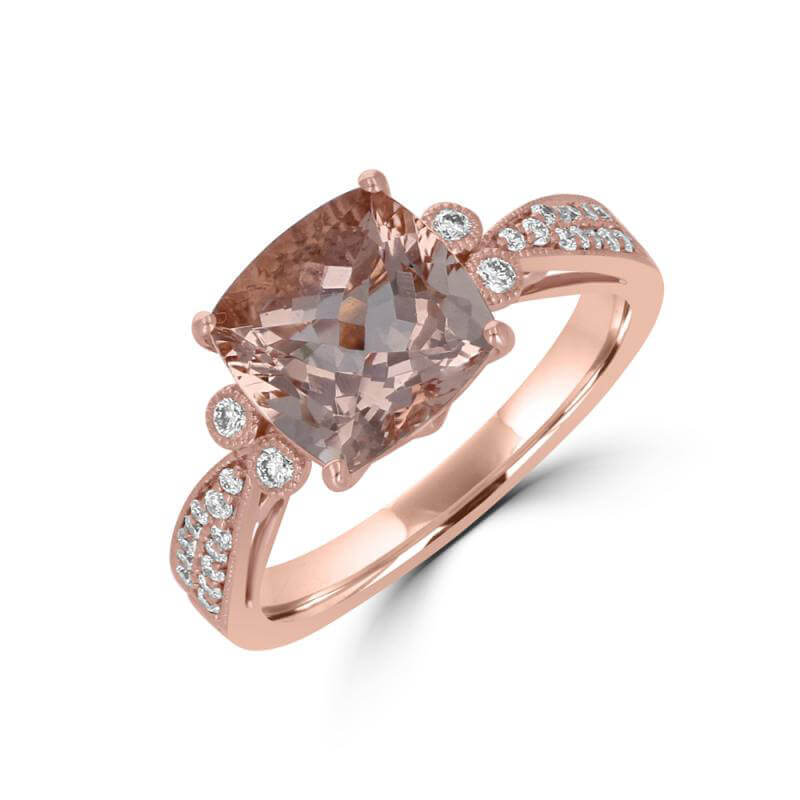 JCX392403: 9MM CUSHION MORGANITE WITH TWO DIAMONDS ON EACH SIDE AND DIAMONDS ON SHANK RING