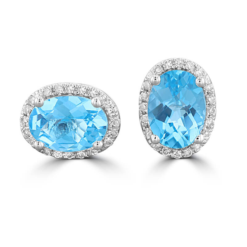 5X7 OVAL CHECKERED BLUE TOPAZ HALO EARRINGS