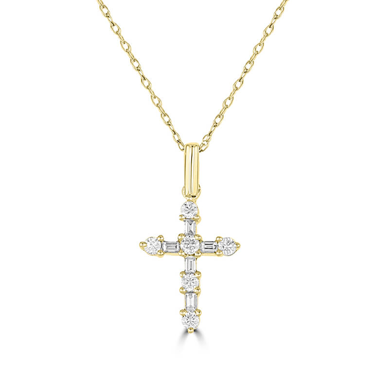 ROUND &amp; BAGUETTE DIAMOND CROSS PENDANT (CHAIN NOT INCLUDED)