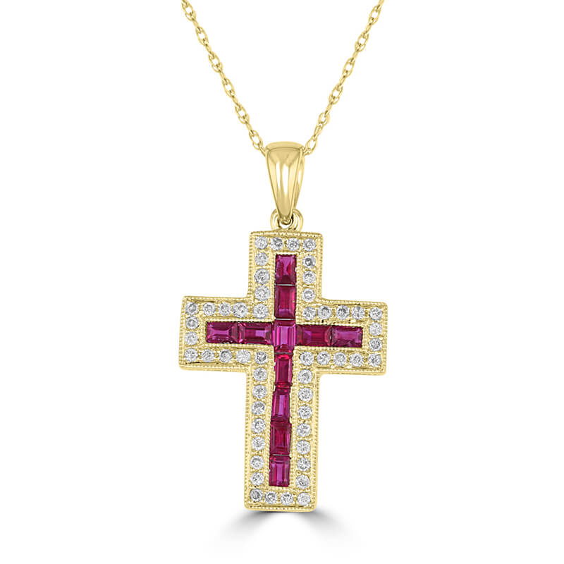BAGUETTE RUBY SURROUNDED BY ROUND DIAMONDS CROSS PENDANT (CHAIN NOT INCLUDED)