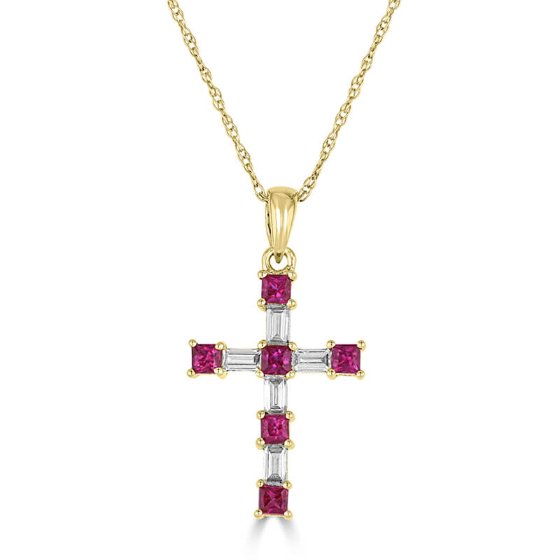 JCX392493: SQUARE RUBY & BAGUETTE DIAMOND CROSS PENDANT (CHAIN NOT INCLUDED)