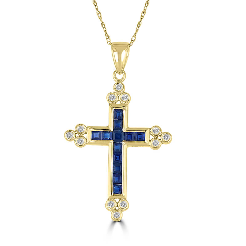 SQUARE SAPPHIRE &amp; ROUND DIAMOND CHANNEL CROSS PENDANT (CHAIN NOT INCLUDED)