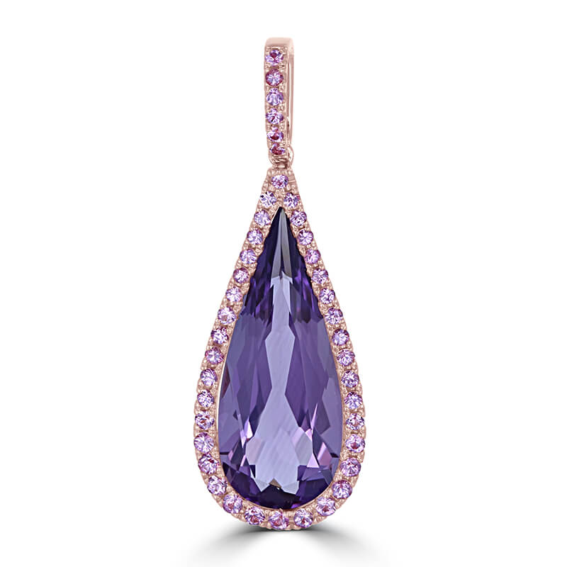 JCX392530: 10X25 TEAR DROP AMETHYST SURROUNDED BY PINK SAPPHIRES PENDANT (CHAIN NOT INCLUDED)