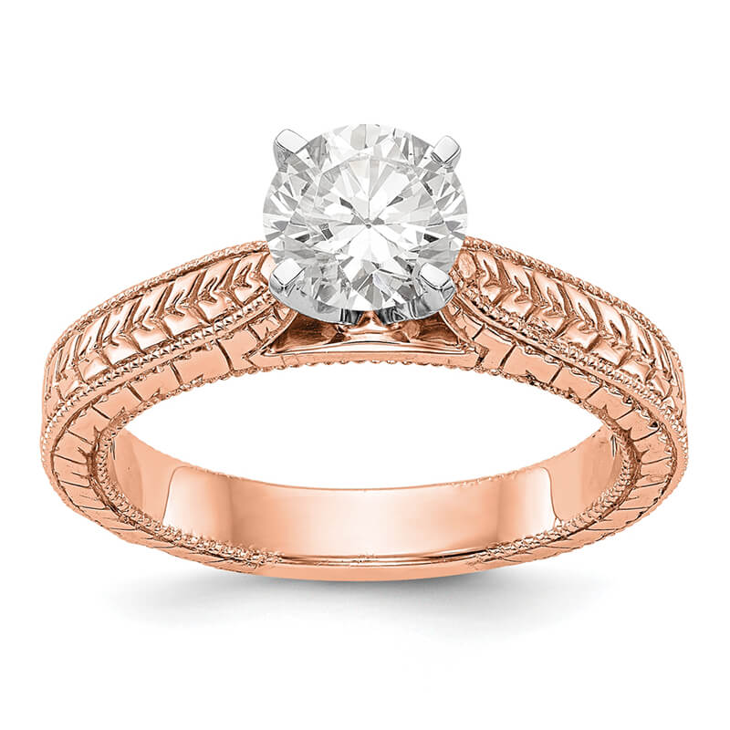 JCX772: 14k Rose Gold Peg Set Etched Solitaire Engagement Ring Mounting