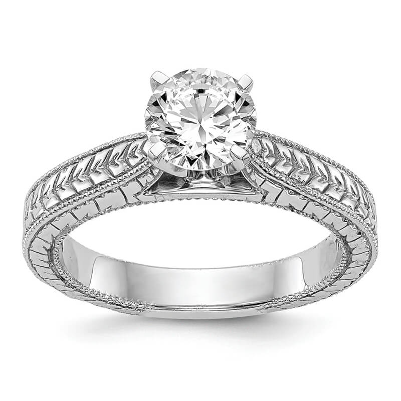 JCX126: 14k White Gold Peg Set Etched Solitaire Engagement Ring Mounting