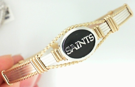 NFL "Saints" enamel bead bangle - Sterling silver with 14kt gf artist wire ac...