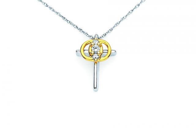 JCSJCS1014: 14kt white gold cross and chain with yellow gold rings - Christian Marriage Symbol - Interlocking rings symbolize your union, with 3 diamonds in the center - symbolizing your past, present and future love for each other. It has an 18