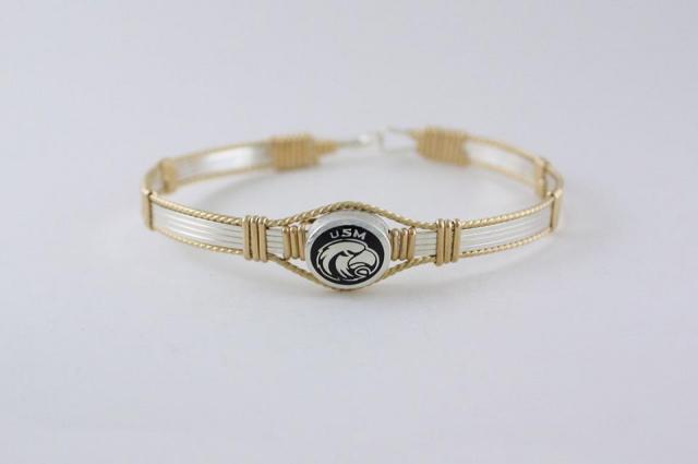 JCSJCS978: University of Southern Mississippi (Southern Miss - USM) Collegiate Bangle - Sterling silver with 14kt gf artist wire accents - 7